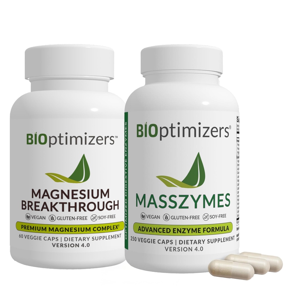 BiOptimizers Magnesium Breakthrough 4.0, (60 capsule) & MassZymes 4.0, (250 capsule) - Sonno naturale, Cervello e Integratore Digestivo per la Salute