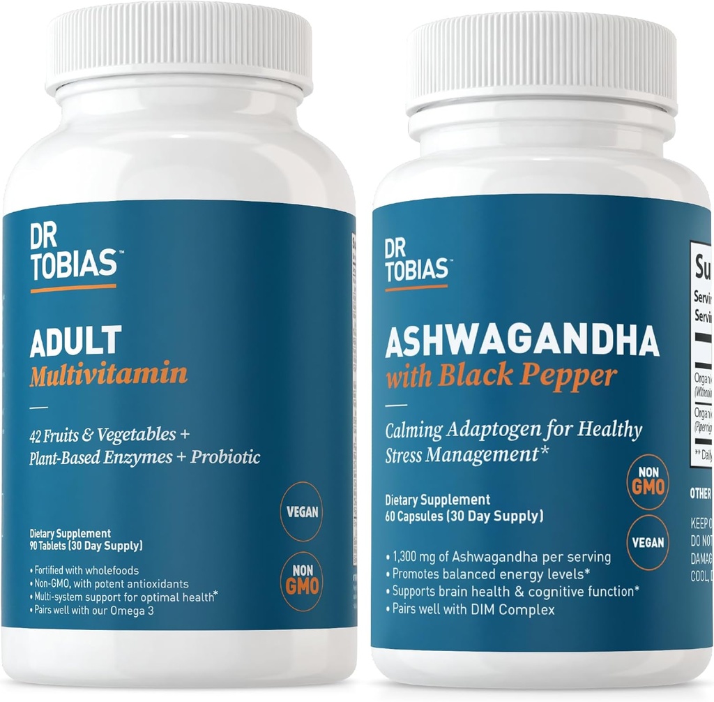Dr. Tobias Adulti Multivitaminici e Ashwagandha Capsule, Supporto Benessere &amp; Energia Equilibrata & Resilienza, Vegan, Non OGM