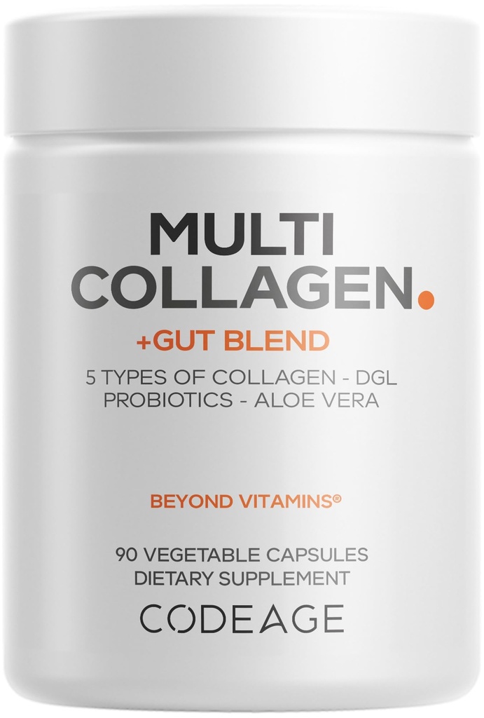 Codeage Multi Collagen + Gut Blend Supplemento - Probiotici digestivi, DGLicorice, Aloe Vera, Foglia di Menta Organica, Elmo Slippery - Pillole di Collageno Idrico - Non-GMO - 90 capsule