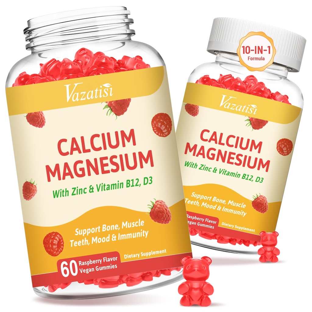 2 Pack Calcium Gummies con Magnesio, Zinco, Vitamina D3 & B12, Integratori di Calcio per Uomini Donne, Supporto Bone, Muscolo e Immunità, 120 Vegan Raspberry Flavor Gummies