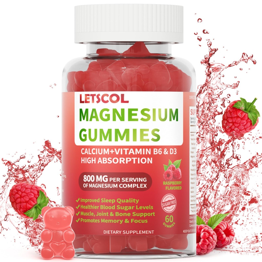 Magnesio Glycinate Gummies 800mg Per Serving, Zucchero Gratuito Magnesio Supplemento con Magnesio Malato, Calcio, Vitamina D3, B6, CoQ10 per il Supporto Calma & Sonno per Adulti Bambini