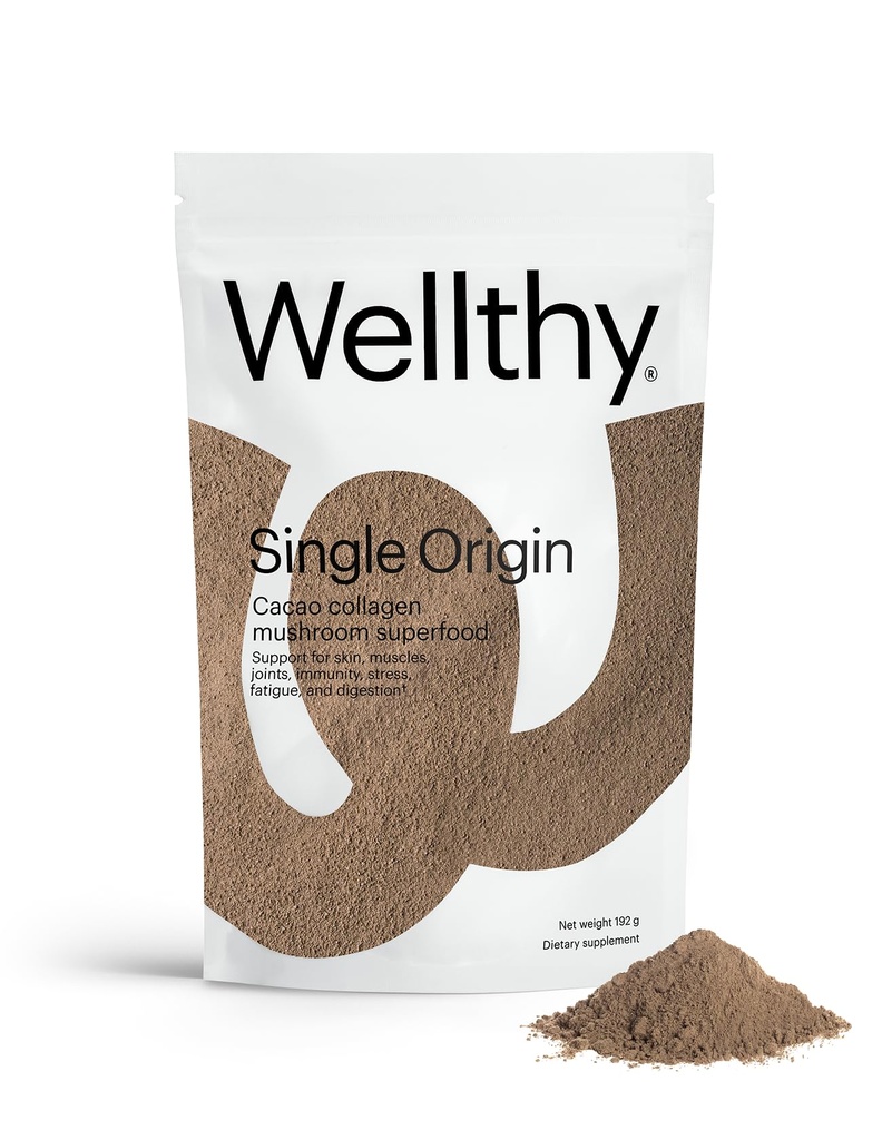 Wellthy Collagen Superfood Powder, Fights Stress & Fatigue, Cacao, Mushroom Powder - Organic Chaga & Reishi Extract, Certified Organic Matcha, Allergen-Free & Non-GMO