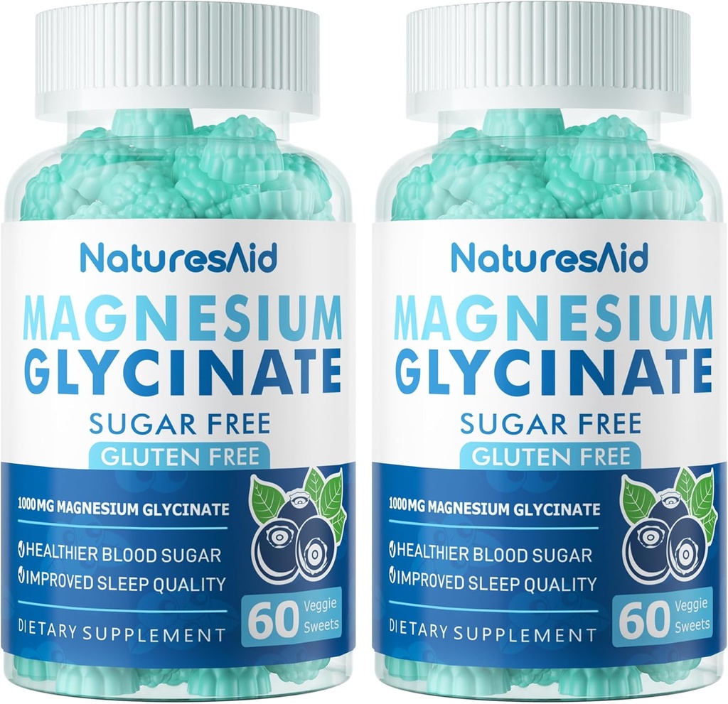 Magnesio Glycinate Gummies 1000mg - Zucchero Gratuito Magnesio Potassio Supplemento con Vitamina D, B6, CoQ10 per Calma Mood & Sleep Support - 120 Blueberry Gummies -2 Pack