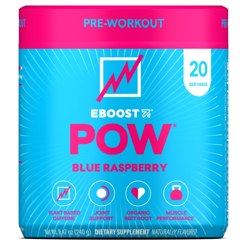 Polvere naturale pre allenamento EBOOST POW – 20 Serve - Blue Raspberry - Un integratore preallenamento per prestazioni, supporto di mobilità comune, energia - Uomini e donne - Non OGM, senza glutine, senza creatina
