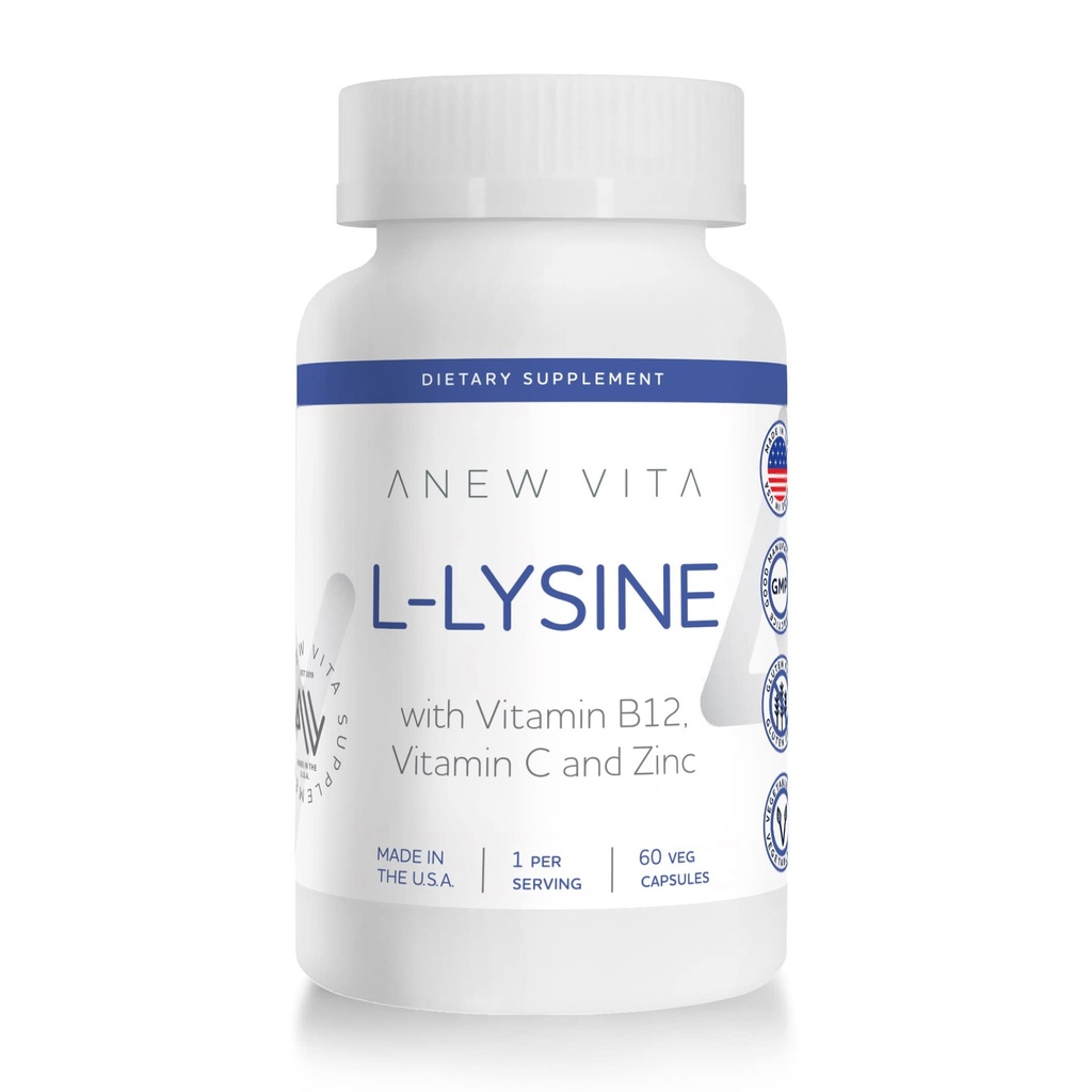 Integratore L-Lysine con Vitamina B12 + C + Zinco per Lip, Mouth e Oral Tissue Health - Migliorato Supporto Benessere - Non OGM, Senza Glutine - Made in USA - 60 Capsule Vegetali, 500mg