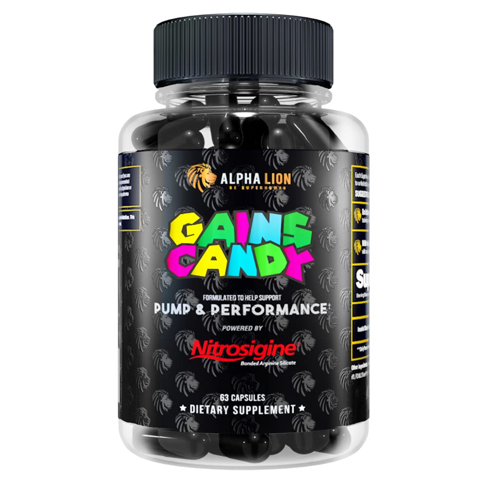 ALPHA LION Gains Candy, Supplemento pillole per la pompa del muscolo & flusso sanguigno, Nitric Oxide Booster, Supporta la messa a fuoco mentale, Utilizzare quotidianamente per aggiornare le prestazioni di allenamento, 63 capsule (Nitrosigine)
