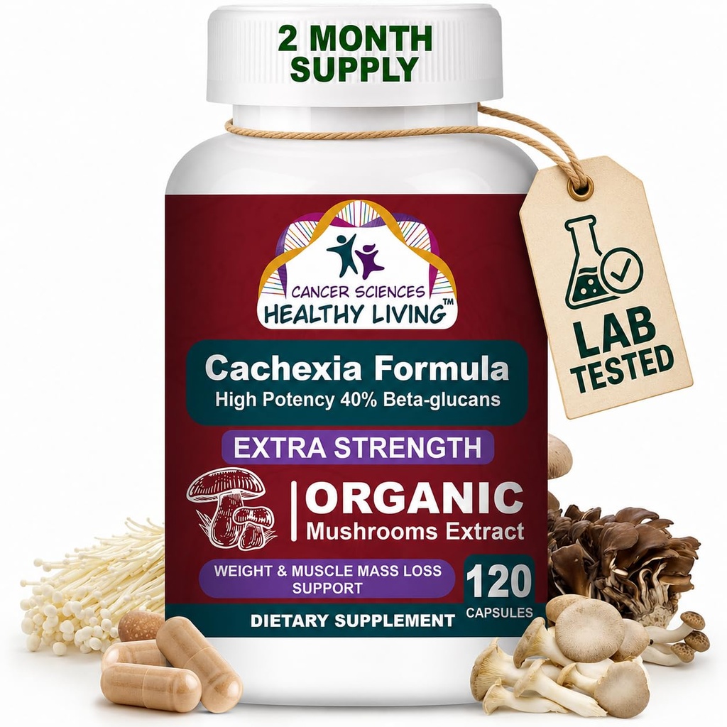 CANCER SCIENCES Cachexia Supplement, USDA Certified Organic Mushrooms Extract Capsules, Extra Strength 1.500 mg, Alta potenza 40% Beta-Glucans, Immune & Metabolic Support, Peso & Muscle Mass Support