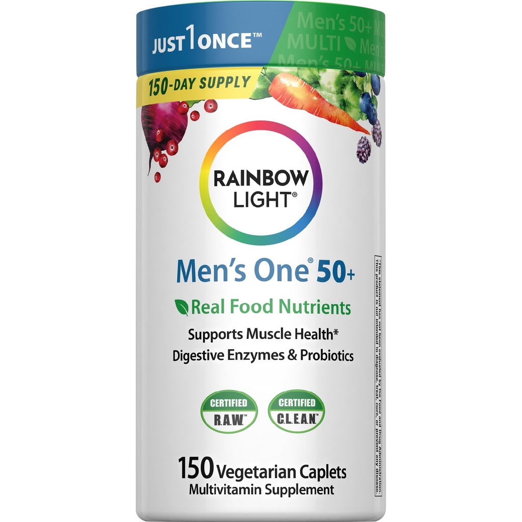 Luce arcobaleno Multivitaminico per gli uomini 50+, Vitamina C, D & Zinc, Probiotici, Uomo One 50+ Multivitamina Fornisce supporto immunitario ad alta potenza, Non OGM, Vegetariano, 150 compresse