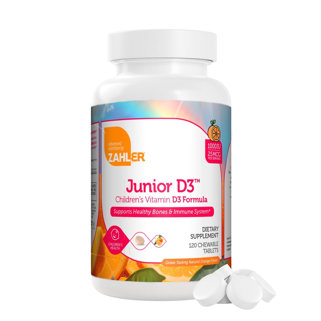 Zahler Junior D3 Vitamine 1000 UI - per i bambini - Vitamina D per i bambini per sostenere Bone, Teeth & Immune Salute - Kosher Orange Flavor - 120 Conte.