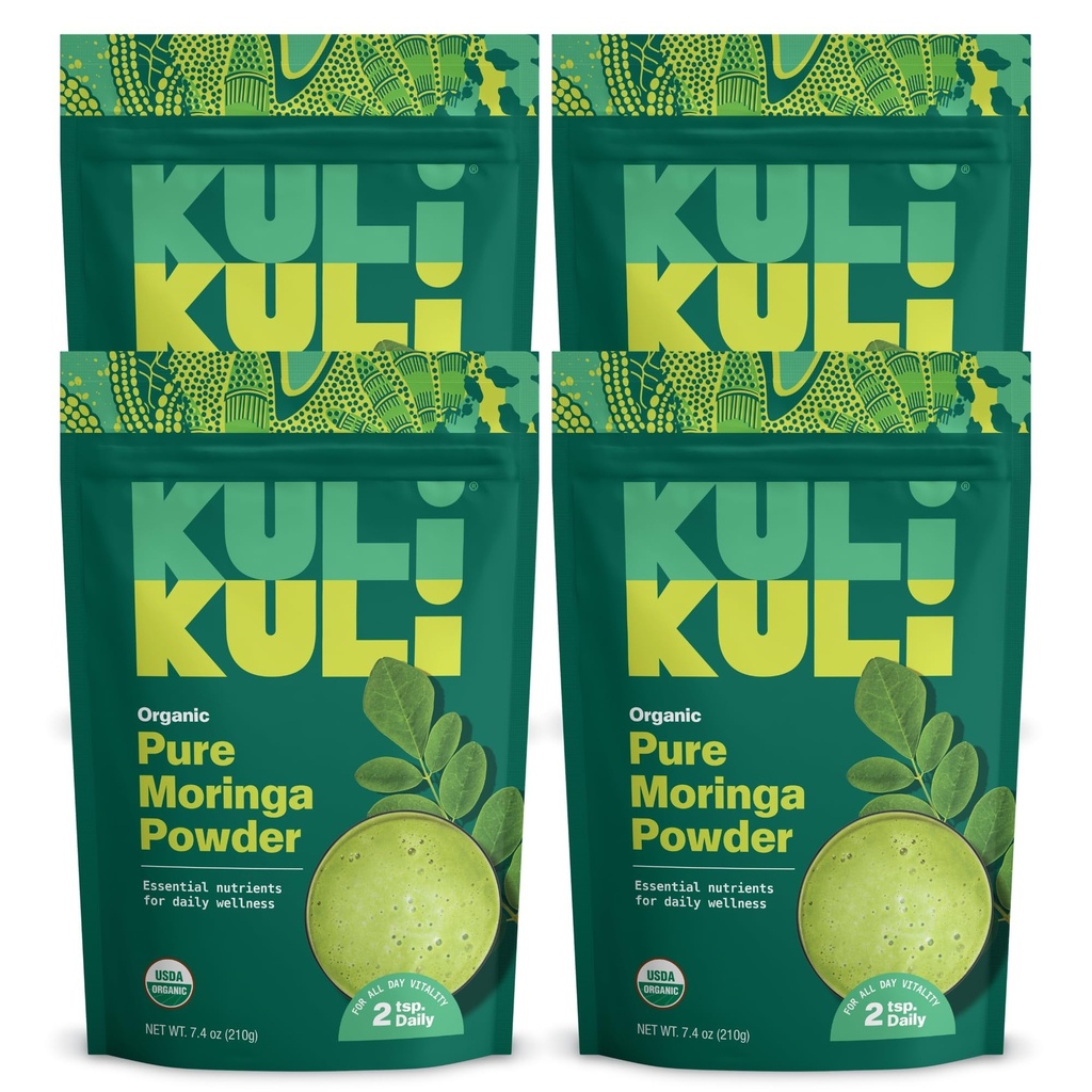 Kuli Kuli Moringa Oleifera Organic Leaf Powder & Green Smoothie, 100% Pure USDA Certified & Non-GMO Moringa Powder, Grande con Smoothies, Tea e Food, 4 Pack