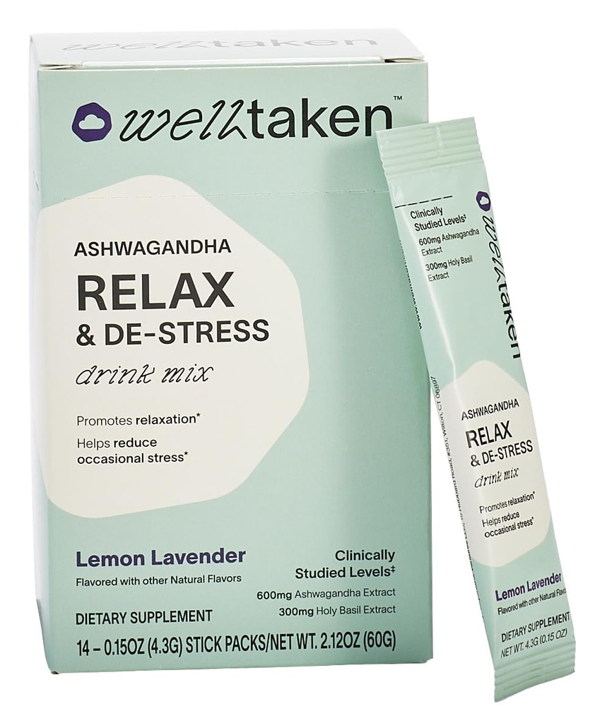 Ashwagandha Relax & De-Stress Powder - Lemon Lavender 14ct Box - 600mg Ashwagandha, 200mg L-teanina, Santo Basilio – Supporta lo stress, Rilassamento – Vegan, Non Aggiunto Zucchero - 14 Serve