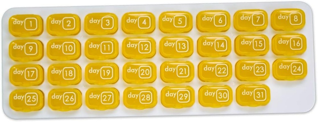 Organizzatore mensile del baccello del pedaggio di 31 giorni per la gestione facile dei farmaci - rimanere in pista con le scatole Med supplemento di vitamina giornaliera, pronto per il viaggio - giallo