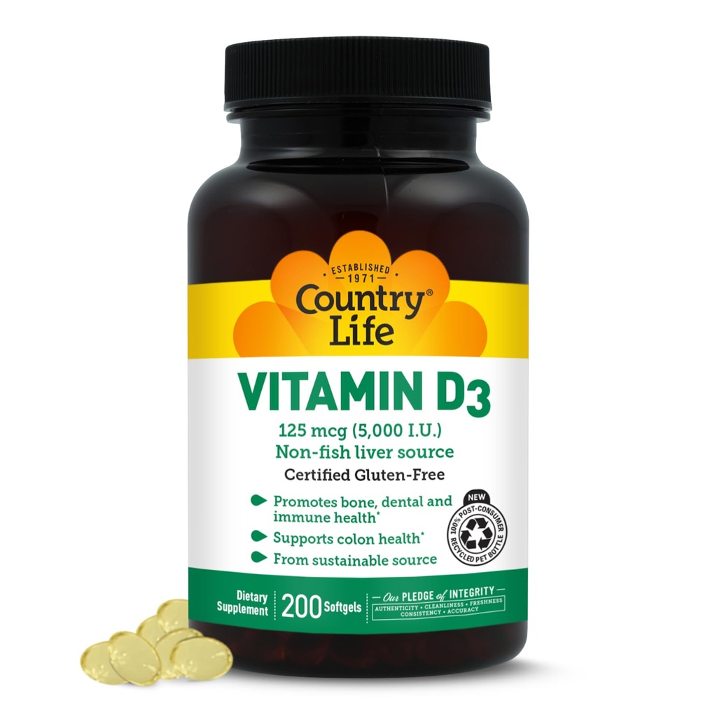 Vita Country Vitamina D3 5000 IU per Immune e Bone Salute, Assorbimento di calcio e salute del colon - Sorgente sostenibile da Lanolin, Disponibile in varie forze