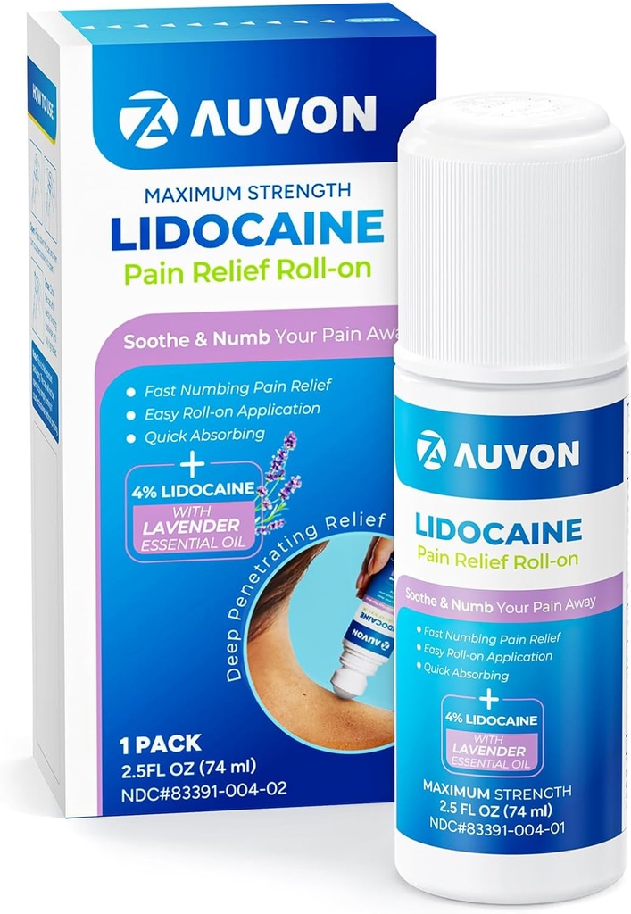 AUVON lidocaina Roll-On con olio essenziale, nessun applicatore Mess, lidocaina di massima resistenza, assorbimento rapido a Numb & Soothe dolore sollievo per ginocchio, spalle, FSA / HSA eleggibile, lavanda, 2.5 OZ, 1 confezione