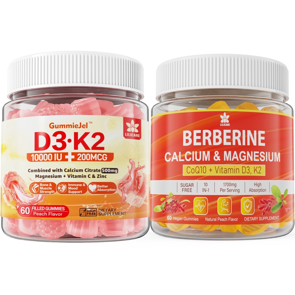 Zucchero-Free Vitamina D3 K2 Gummies con Calcio, Citrato di Magnesio, Vitamina C + Berberina Supplemento Gummies, con Liposomal Berberine & Berberine HCI, Calcio, Magnesio