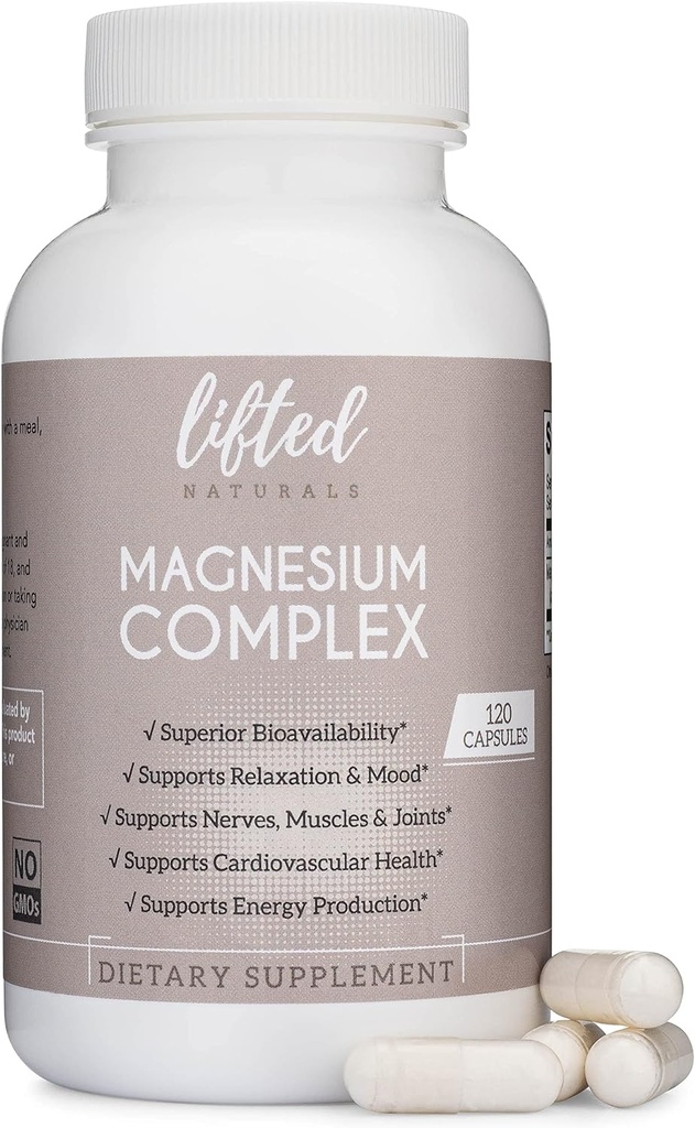 Magnesio Complesso - Sollevato Naturals Magnesio Supplemento w/ Bisglycinate, Malate, Taurate - 120 capsule - Biodisponibile Magnesio Formula per Mood, Sonno, Supporto Energetico*