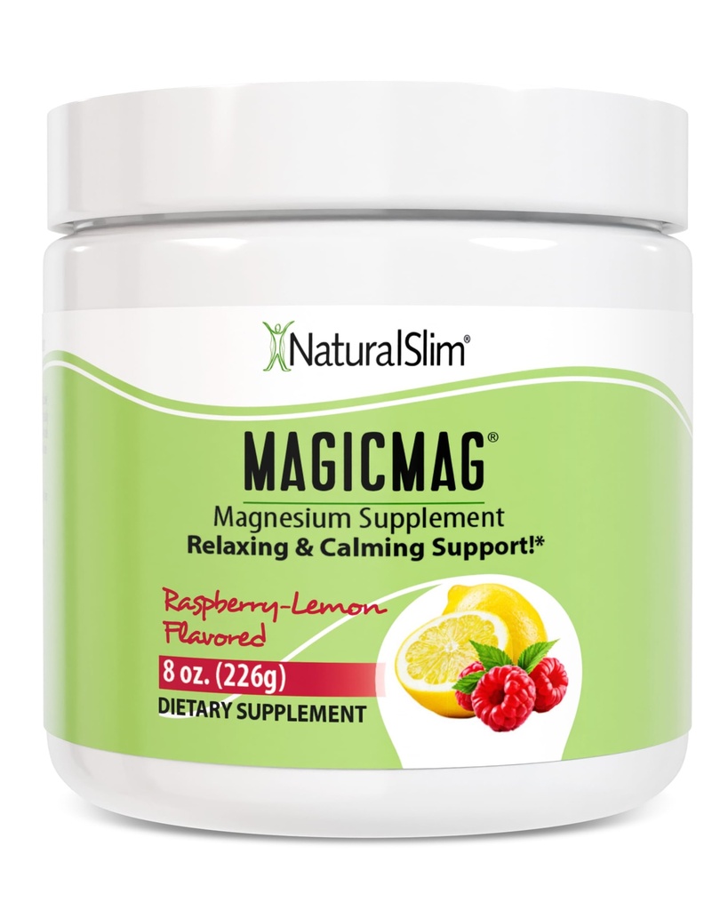 NaturalSlim Magicmag Pure Magnesium Citrate Powder Stress, costipazione, muscolo, salute del cuore e sonno | Raspberry Lemon Magnesium Supplement - 8oz Drink Mix (Solo)