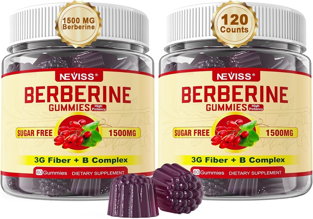 NEVISS Berberina Supplemento 1500mg, Attivatore AMPK con fibra prebiotica 3G, B1 B3 B6, Zucchero Berberina HCL Gummies per donne e uomini - Supporta sistema immunitario, digestivo, 2pack 120 Cts
