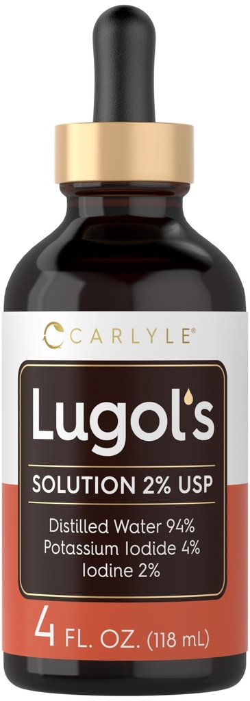 Carlyle Lugols Iodine 2 Percentuale | 4 fl oz (Pacchetto di 1) | Soluzione Iodida di potassio e Iodina 2% Gocce liquide