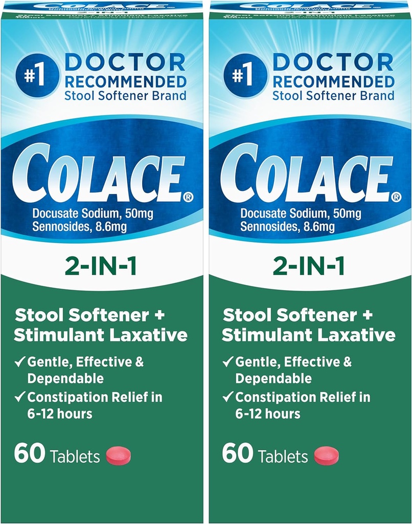 Colace 2-in-1 Sgabello Softener Plus Stimolant Lassativo per Gentle Efficace costipazione Rilievo, Docusate Sodio Plus Sennosides, 60 Conteggio (Pack of 2)