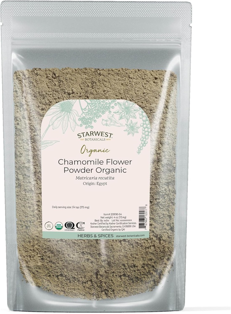 Polvere di fiore di camomilla organica di Starwest Botanicals - Erbe di foglia secca per tè, lozioni di erbe, & Baking, Fonte dall'Egitto, Kosher certificato, Non OGM - 4 once Pouch