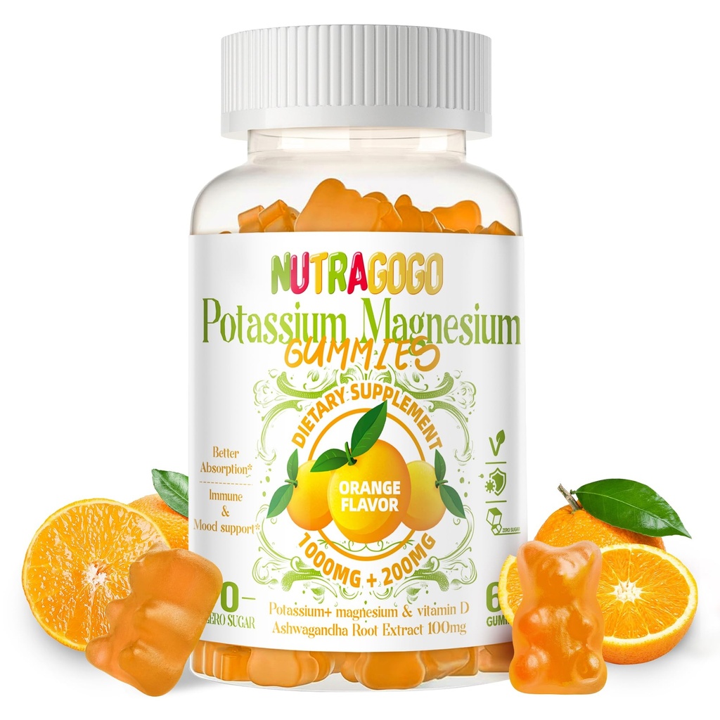 Gummie di Magnesio di potassio, Supplemento di potassio w/Ashwagandha,Glycinato di magnesio ad alto assorbimento,B6,D3,Citrato di potassio per Crampe di gambe,Muscolo,Electroyte per bambini adulti, senza zucchero, 60 Gummies