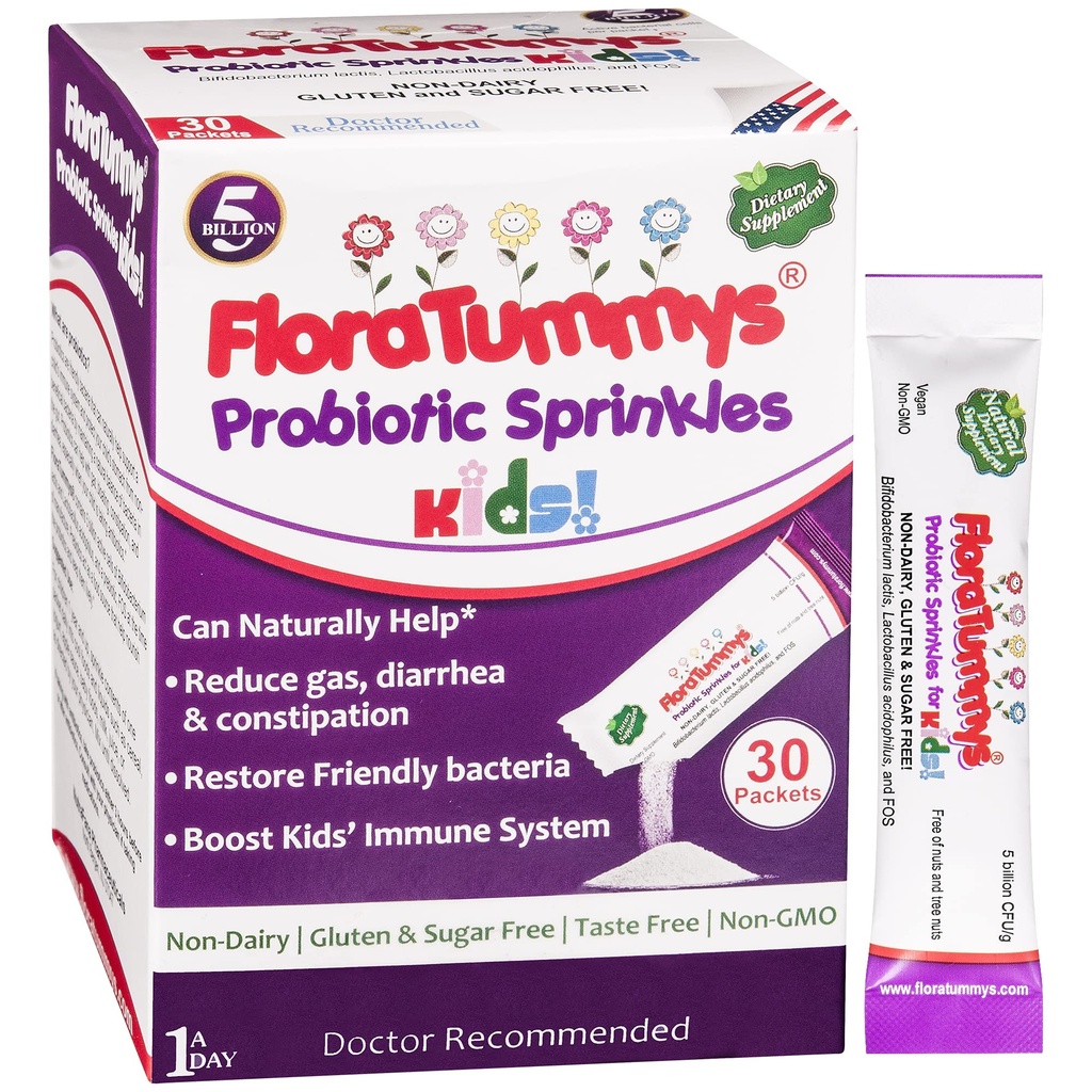 Probiotici FloraTummys per bambini: 30 Taste-Free Powder Packets, Libero di Allergeni Alimentari, Non-Dairy, Senza Glutine, Senza Zucchero, Non OGM, Vegan