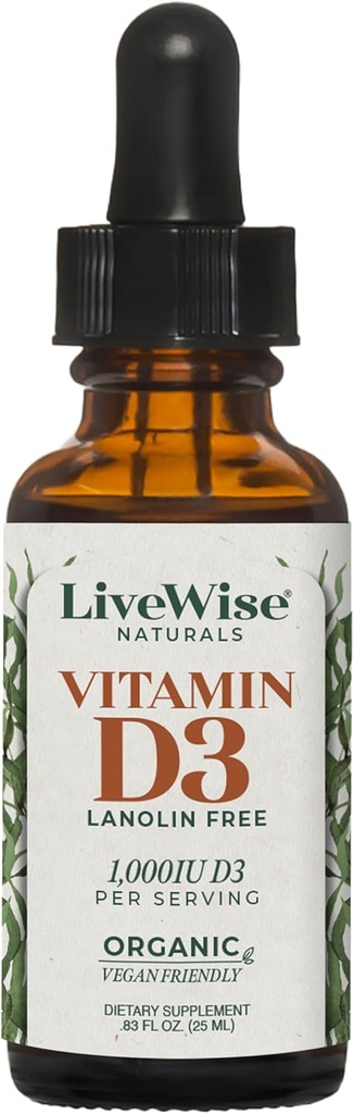 Gocce liquide di vitamina D3 organiche, Vegan, Non OGM, Basato su piante, 200 UI per goccia, Supporta Immune, Bone e Mood Health, Easy-to-Absorb, in olio MCT 1.000 IU