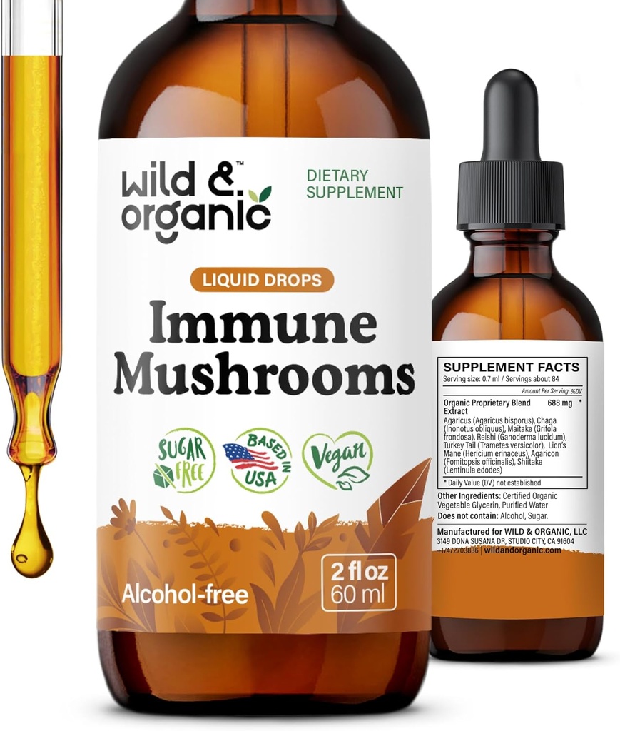 Wild & Organic Immune Mushrooms Tincture - 8-in-1 Mushroom Complex con Chaga, Turchia Tail, Lion's Mane, Reishi Extract - Gocce di supporto immunitario - Vegan, Sugar & Alcohol-Free Liquid Supplement - 2 fl oz