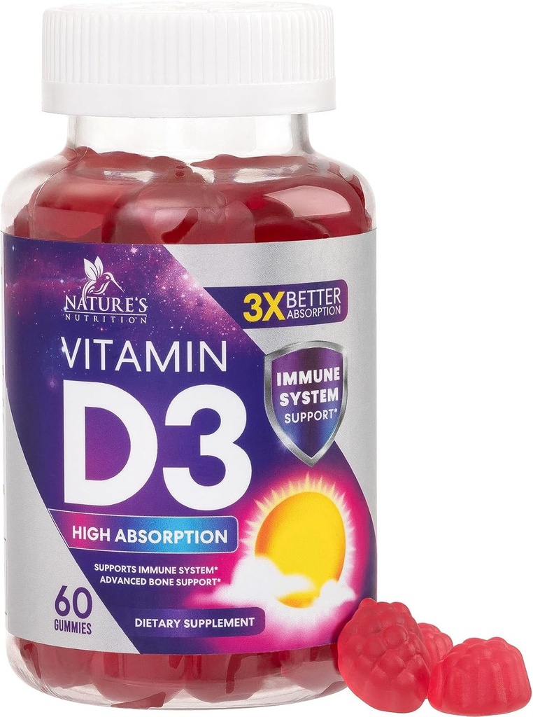 Vitamina D3 Gummy 5000 IU (125 mcg) - Vitamine Dietetiche D Supplemento per Donne & Uomini - Bone, denti, muscolo & Immune Sanità Supporto, Alta Potenza VIT D3 Natura Non OGM & Gluten Free - 60 Gummies