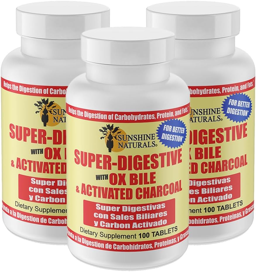Sunshine Naturals Super Digestive Supplement. Ox Bile & Charcoal attivato per il supporto digestivo, Bloating Relief, Gut Cleanse, Nutrient Absorption e Total Wellness. 100 compresse. Confezione da 3