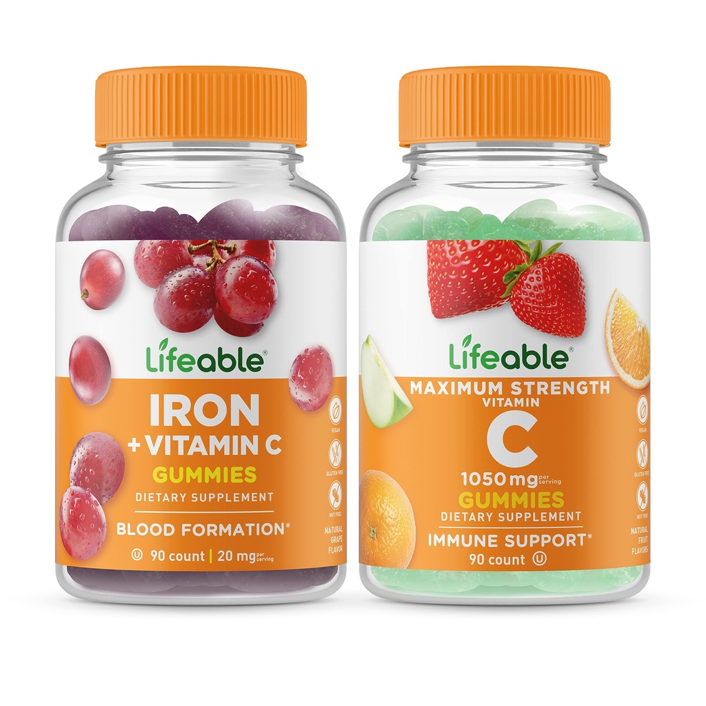 Ferro vitale con vitamina C + vitamina C 1050mg, Gummies Bundle - Grande degustazione, Integratore di vitamina, Senza glutine, OGM libero, Gomma masticabile