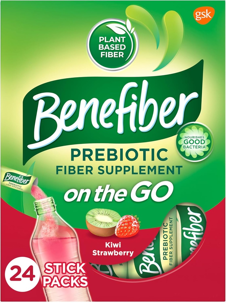 Benefiber On the Go Prebiotic Fiber Supplement Powder for Digestive Health, Daily Fiber Powder, Kiwi Strawberry Flavor Powder Stick Packs - 24 Sticks (5.28 once)