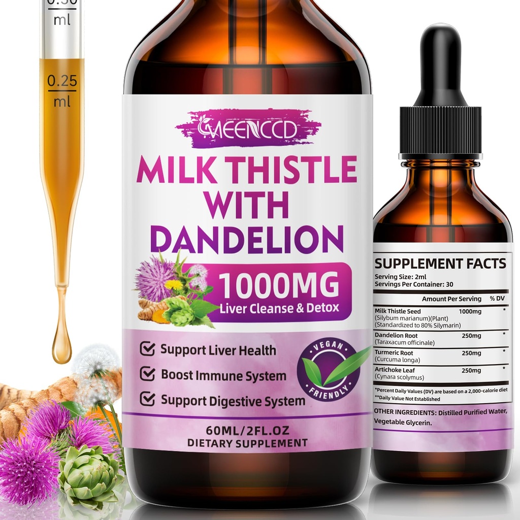 MEENCCD Milk Thistle Liquid Drops - Integratore di cardo al latte con Silymarin, Supporto antiossidante, Vegan, Non OGM, 2 Fl Oz