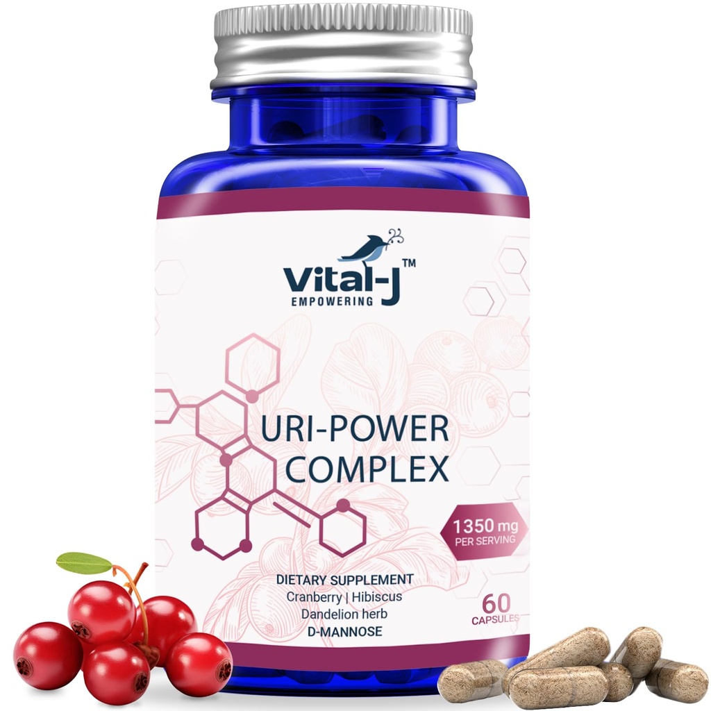 4-IN-1 URI POWER COMPLEX 1350mg - D Mannosio, Mirtillo, Ibiscus e Dandelion Herb - Pulire naturalmente la vescica e il tratto urinario 60 capsule – Approccio Specializzato per l'Evitazione UTI