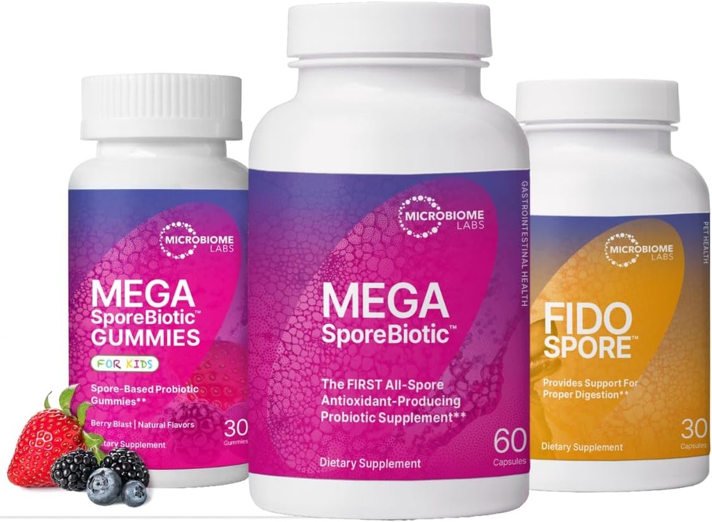 Microbiome Labs Whole Family Probiotic Bundle - MegaSporeBiotic per adulti, Probiotici Gummies per bambini, e FidoSpore Probiotici per cani e gatti