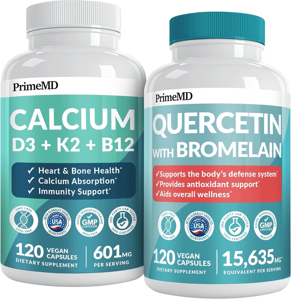 PrimeMD 4-in-1 Calcium Supplementi per le donne e gli uomini o il cuore, Bone & Body Defenses (120 ct) & 28-in-1 Quercetin con supplemento Bromelain - Quercetin 500mg capsule per il supporto della difesa immunitaria (120 ct)