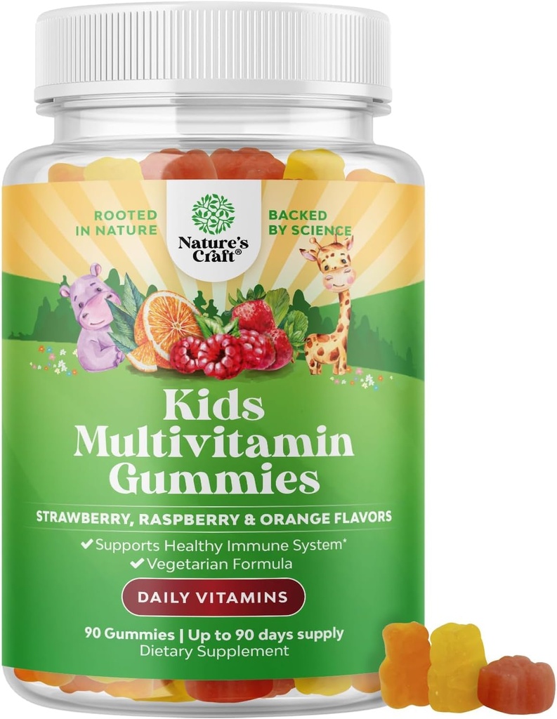Gummie Multivitaminiche a base di piante - Multivitamina per bambini Supporto Immune con Vitamine A, C, D3, E, B6 & B12, Zinc & Iodine - Vitamine per bambini Formula masticabile per una salute forte - 90 Conte