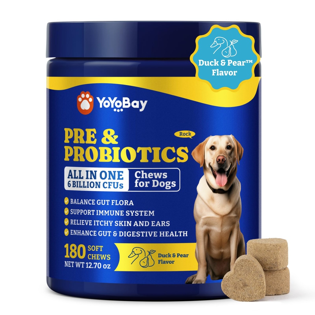 Probiotici per cani - Probiotici per la salute digestiva, lievito, pelle prurito, salute del fegato, immune & pelle - 6 miliardi di CFU, 180 Soft Chews, Duck & Pear Flavor - con Prebiotici e enzimi digestivi