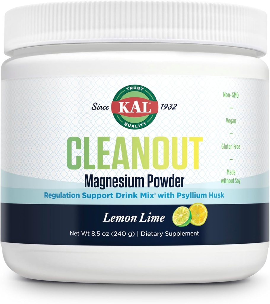 KAL Cleanout Magnesium Plus Psyllium Husk Powder - Lime di limone - Ossido di magnesio con supplemento di fibra - Normativa Support Drink Mix - No Sugar - Garanzia di 60 giorni, 40 Servings, 8.5 OZ