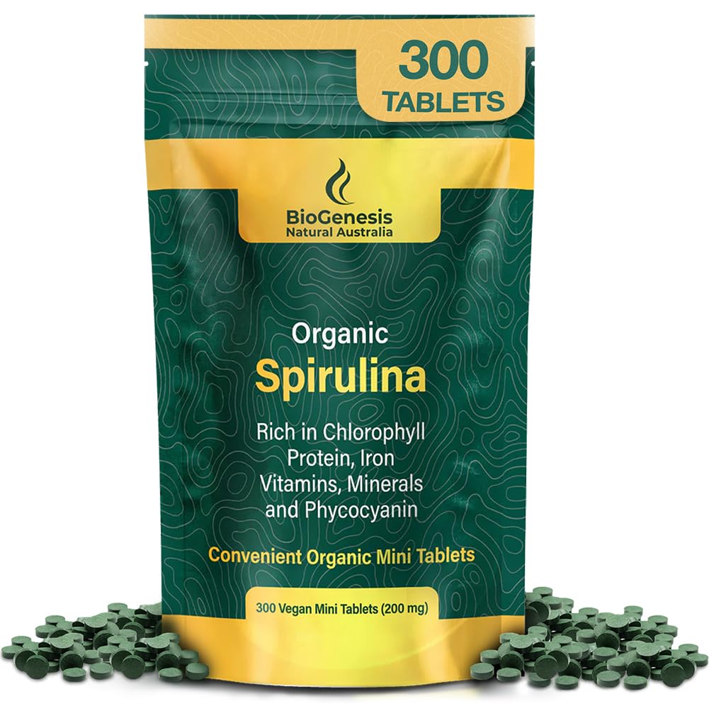Biogenesis Organic Spirulina Mini Tablets – 300 Count (200 mg) | Australian Grown Blue-Green Algae | Rich in Phycocyanin, Chlorophyll & B Vitamins | Supports Daily Energy & Immunity | Vegan Mini Tab