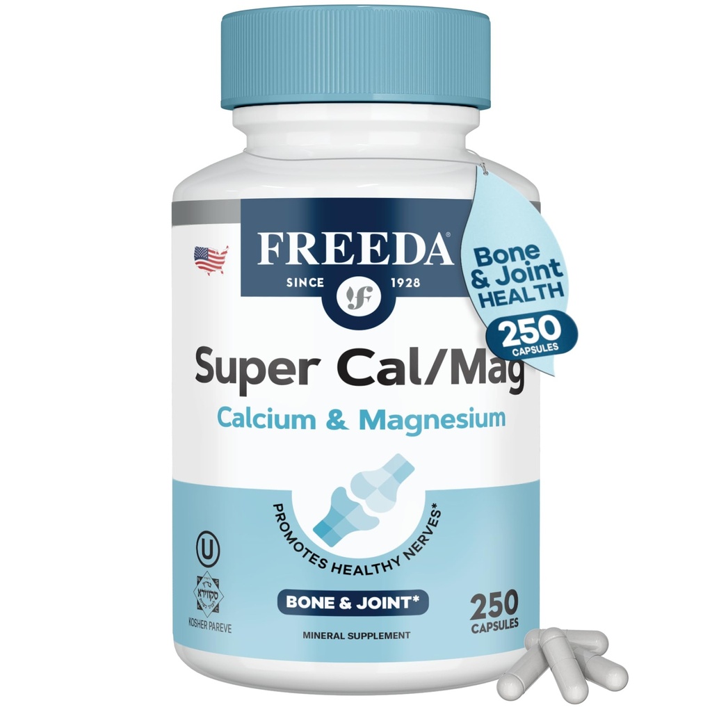 Freeda Super Cal/Mag – Kosher Vegan Bone Salute Supplemento – Supporta la resistenza di ossa, la funzione di nerva e il rilassamento muscolare – capsule di magnesio di calcio vegetariano – Testato di terze parti – 250 capsule