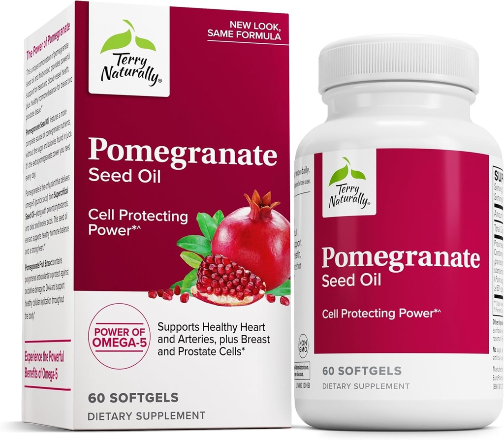 Olio di semi di melograno di Terry - Integratore alimentare per sostenere la salute cardiovascolare - Integratore di erbe non OGM con estratto di Omega-5 e melograno - 60 Softgels