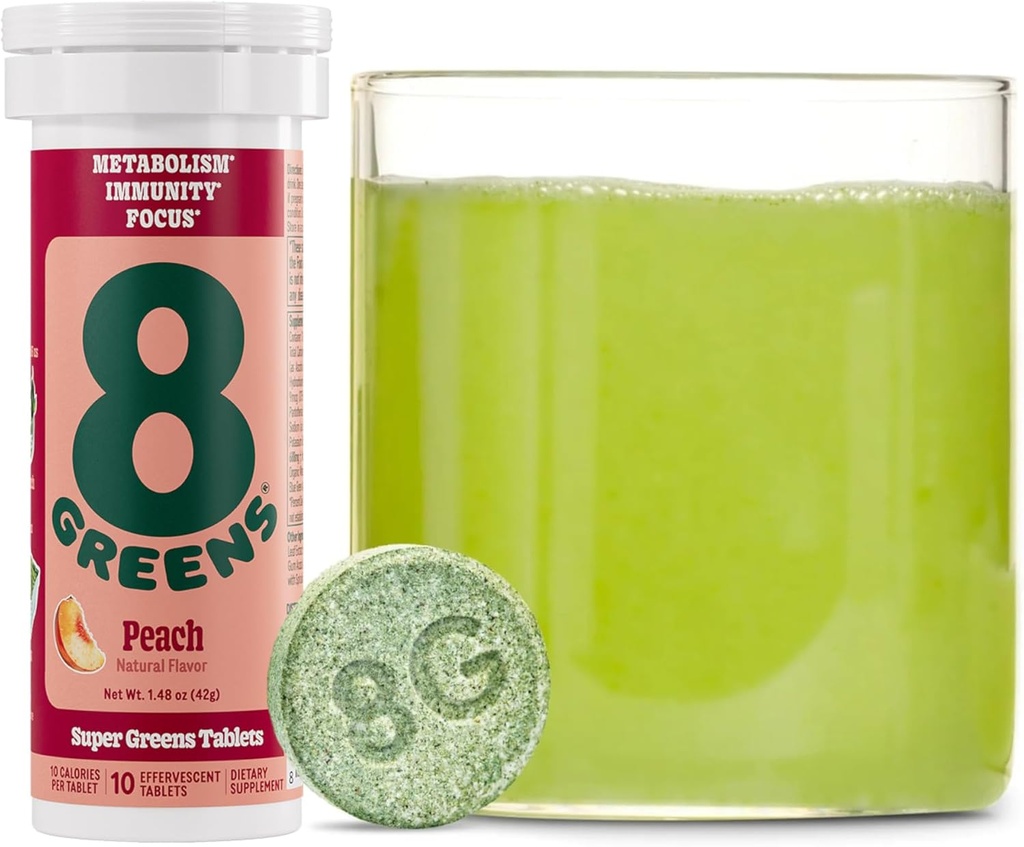 8Greens Supergreens Tablet | Super Greens Powder Superfood Tablet, Metabolismo Immunity & Focus, Daily Greens Effervescent Tablets, Organic: Aloe Vera, Spirulina, Chlorella, Peach, 10 Servings