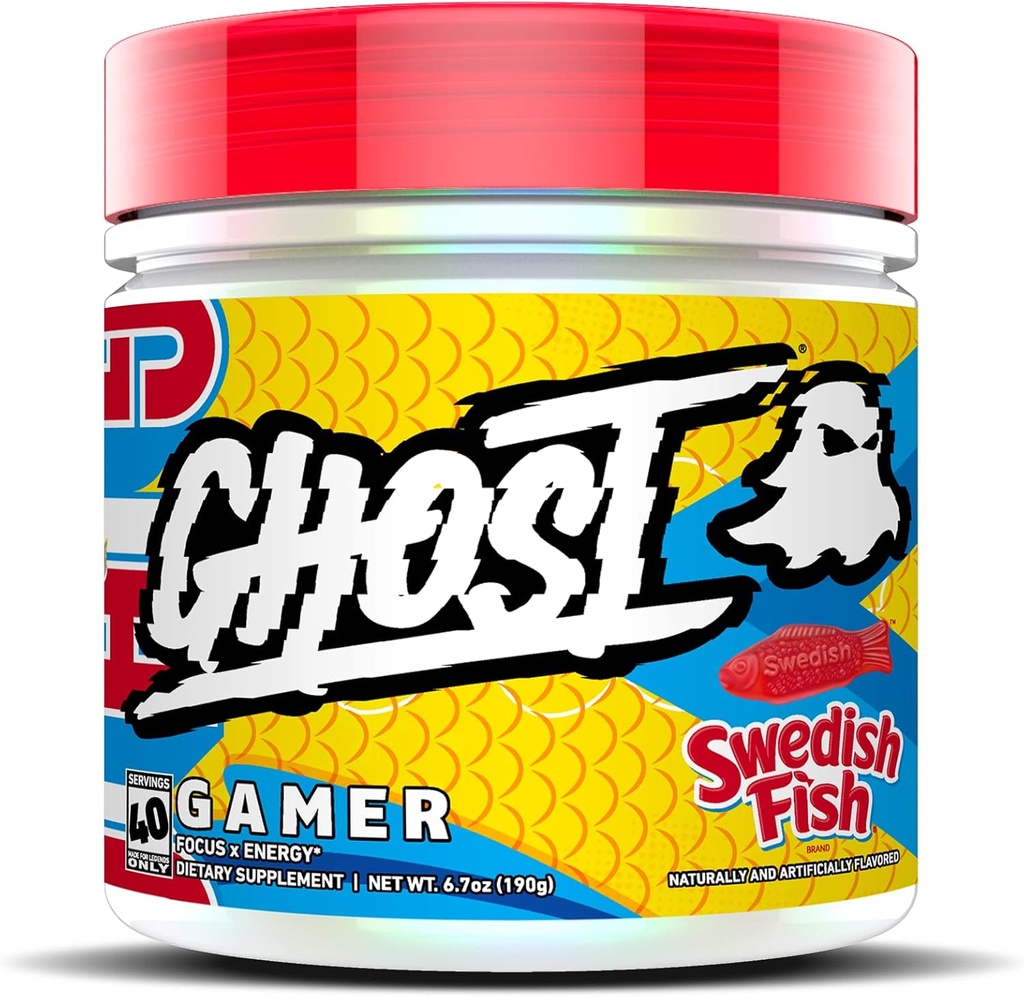GHOST Gamer: Energy and Focus Support Formula - 40 Servings, Svedese Fish - Nootropics & Natural Caffeine for Attenzione, Accuratezza & Reazione Tempo - Vegan, senza glutine