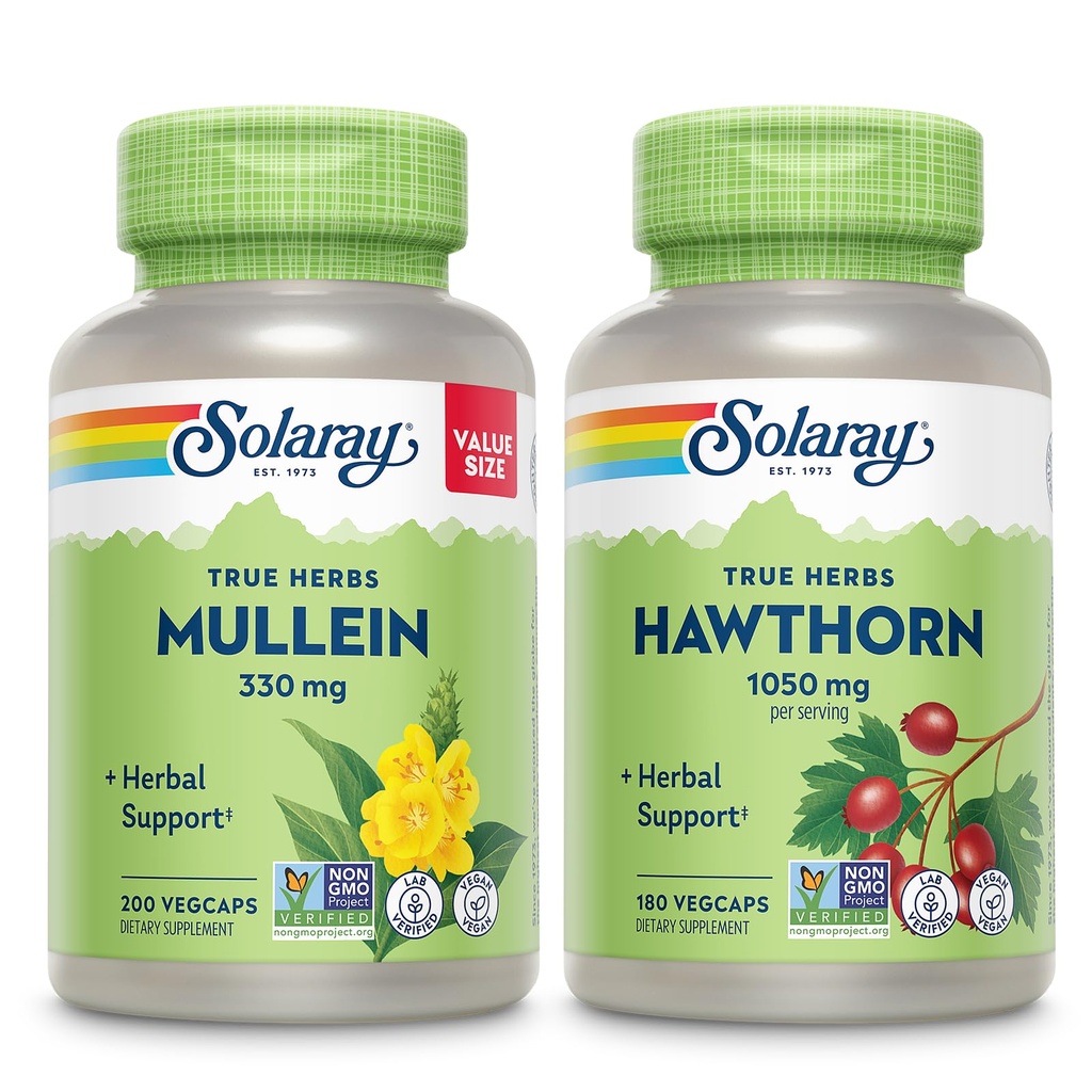 SOLARAY Mullein Leaf 330 mg e Hawthorn Berry Capsule 1050 mg - Soothing Herbal Support Bundle for Overall Health and Wellness - Vegan, Non-GMO, 60-Day Guarantee, Lab Verified, 200/180 VegCaps
