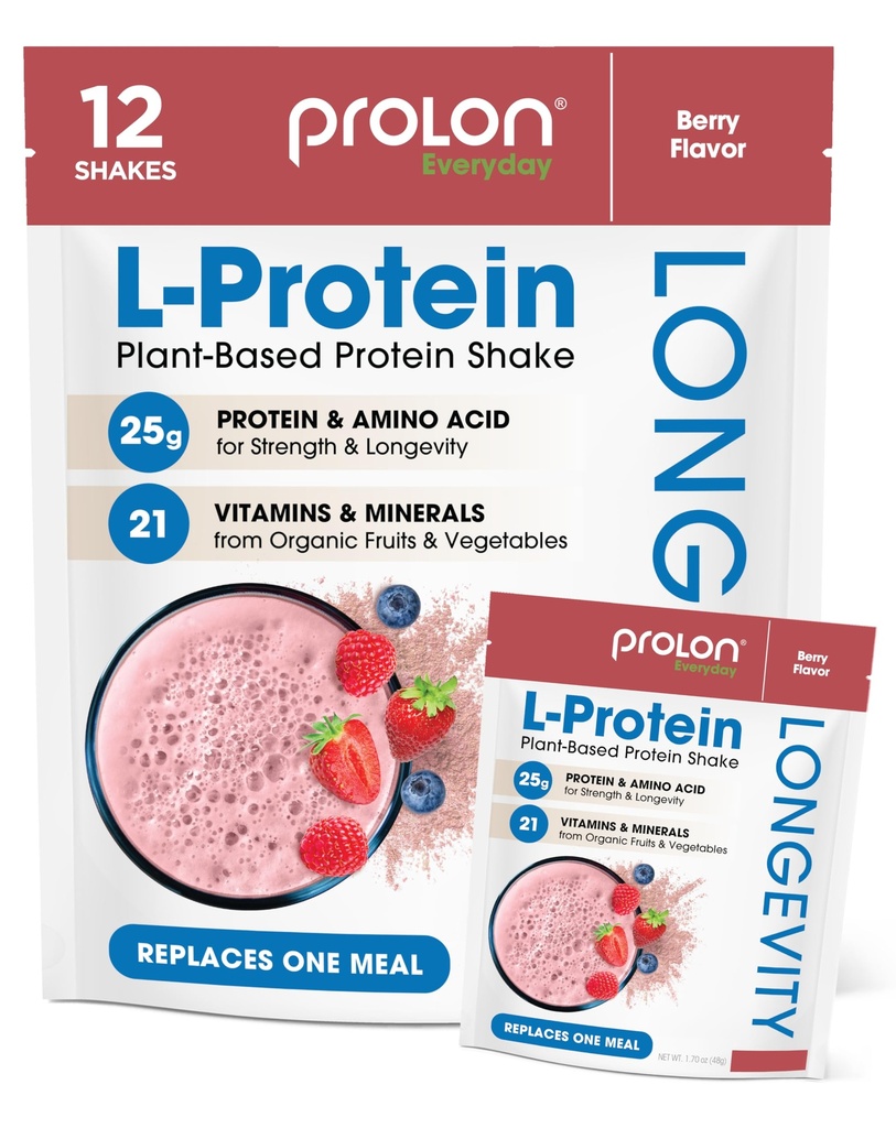 Prolon Longevity Plant Based Protein Powder | Sintesi & riparazione del muscolo, invecchiamento sano, aumentare le prestazioni | vitamine, senza glutine, aminoacidi, antiossidanti | 25g di proteine | Berry, 12 pacchetti