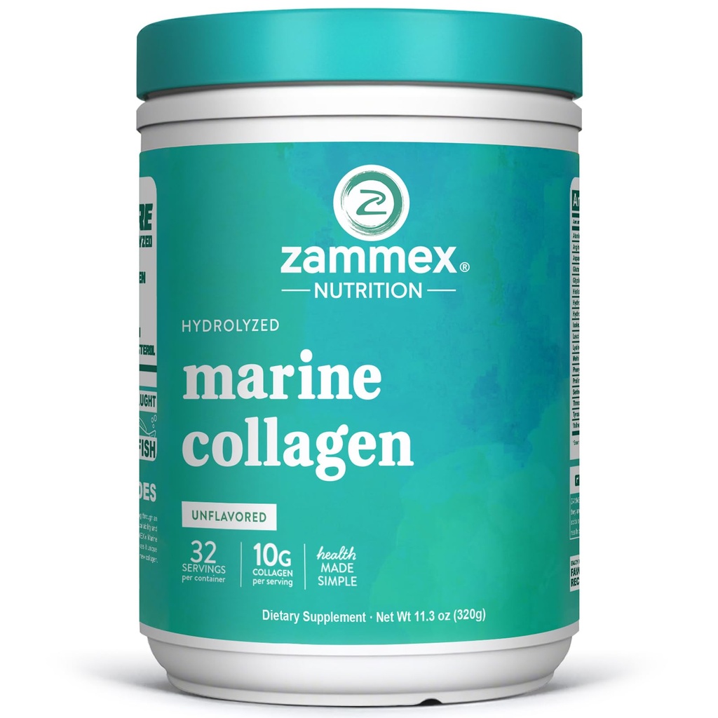 Peptidi di collagene marino di Zammex polvere non aromatizzata, polvere di collagene di pesce selvatico, supporta pelle sana, capelli, giunti, tipo 1 & 3 supplemento di collagene per le donne - facile da mescolare. (32 porzioni)