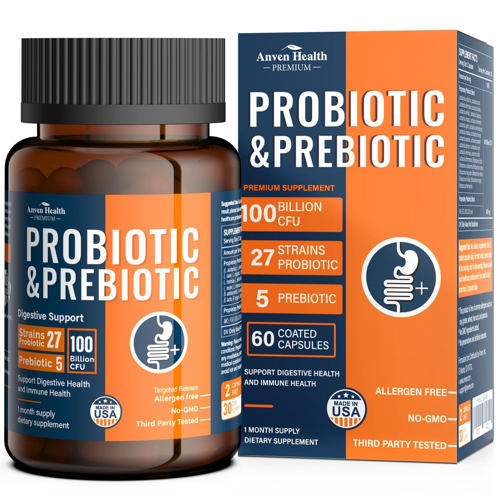 100 miliardi di probiotici per gli uomini e le donne 27 Strains 5 prebiotici organici per la salute digestiva e immunitaria del fegato, supporta la biopsia Gas Bloating, non OGM, Zero Fillers – Made in USA丨60 Caps
