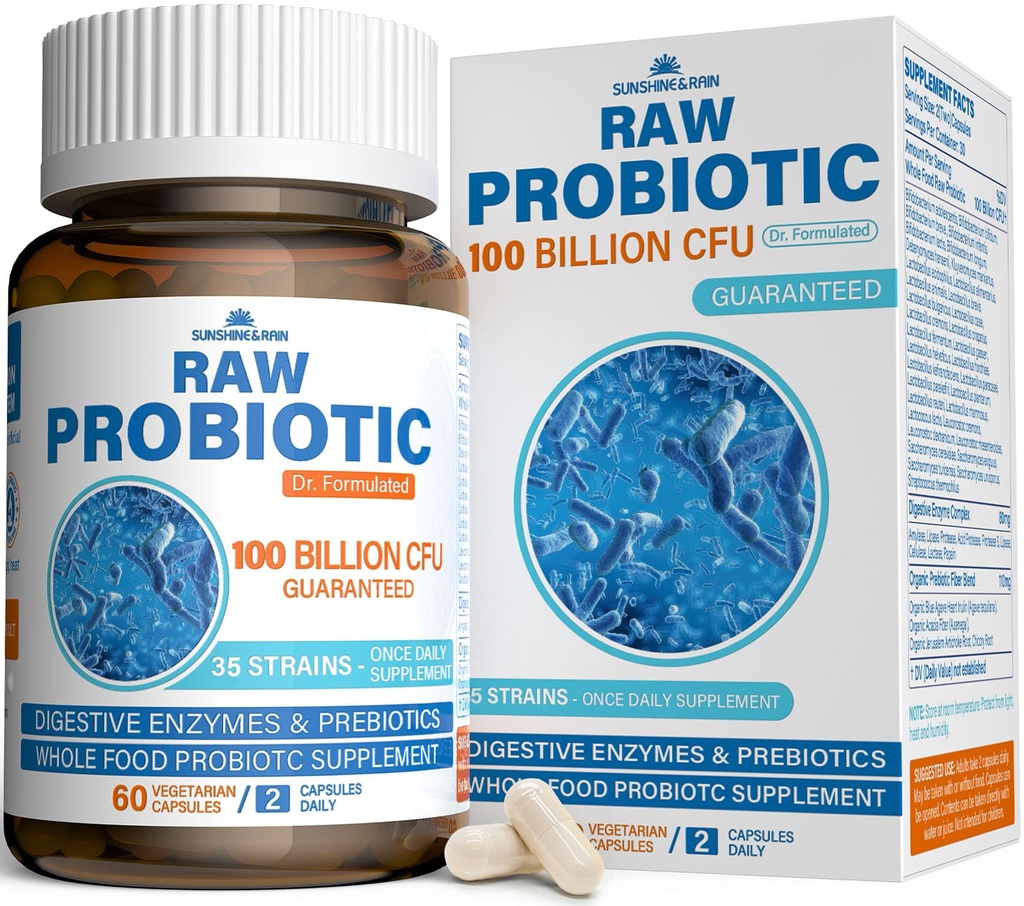 Probiotici crudi per donne e uomini - 100 miliardi di CFU, 35 Strains, Prebiotici organici e enzimi digestivi naturali per la salute digestiva, Gut & Immune - Latticini, Soia e Gluten Free, Non OGM, 60 capsule vegane